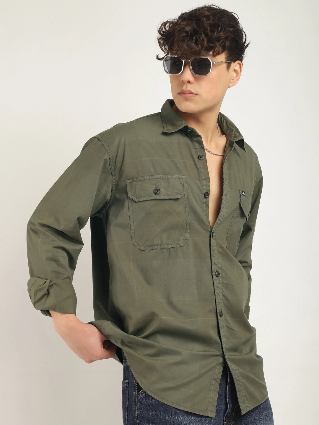 Frosted Craft Olive Green Washed Check Full Sleeve Shirt