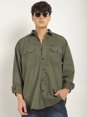 Frosted Craft Olive Green Washed Check Full Sleeve Shirt