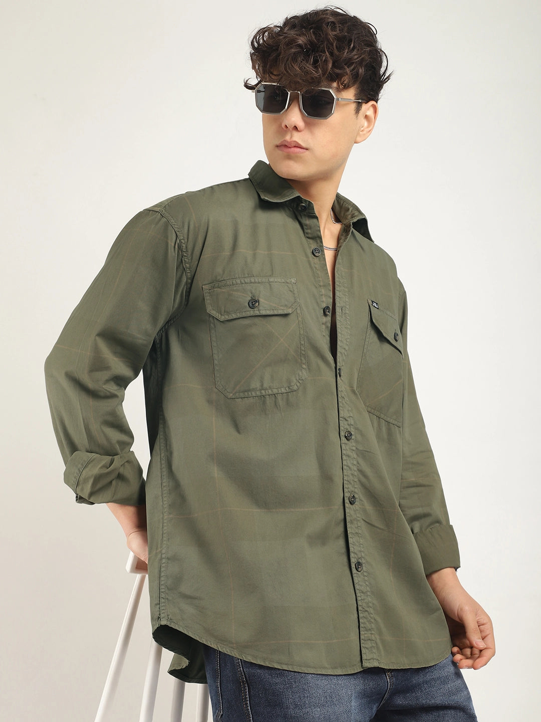 Frosted Craft Olive Green Washed Check Full Sleeve Shirt