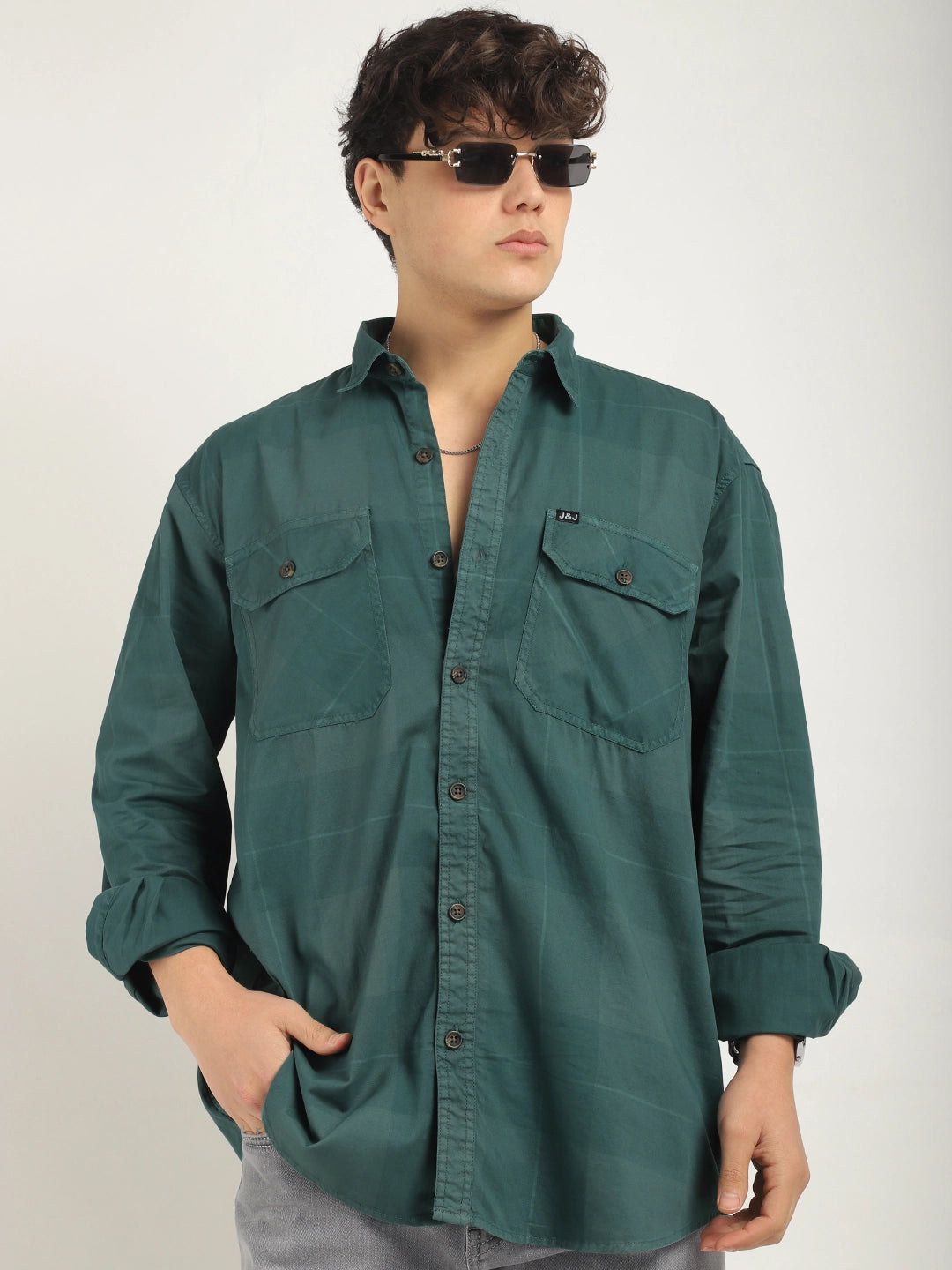 Frosted Craft Deep Green Washed Check Full Sleeve Shirt