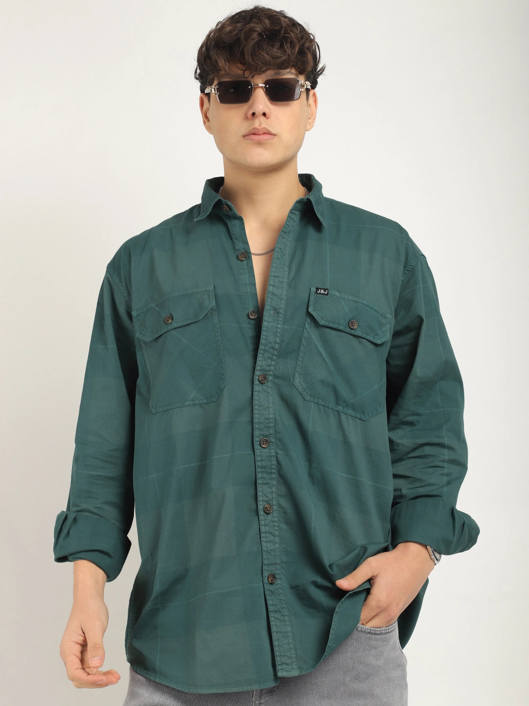 Frosted Craft Deep Green Washed Check Full Sleeve Shirt