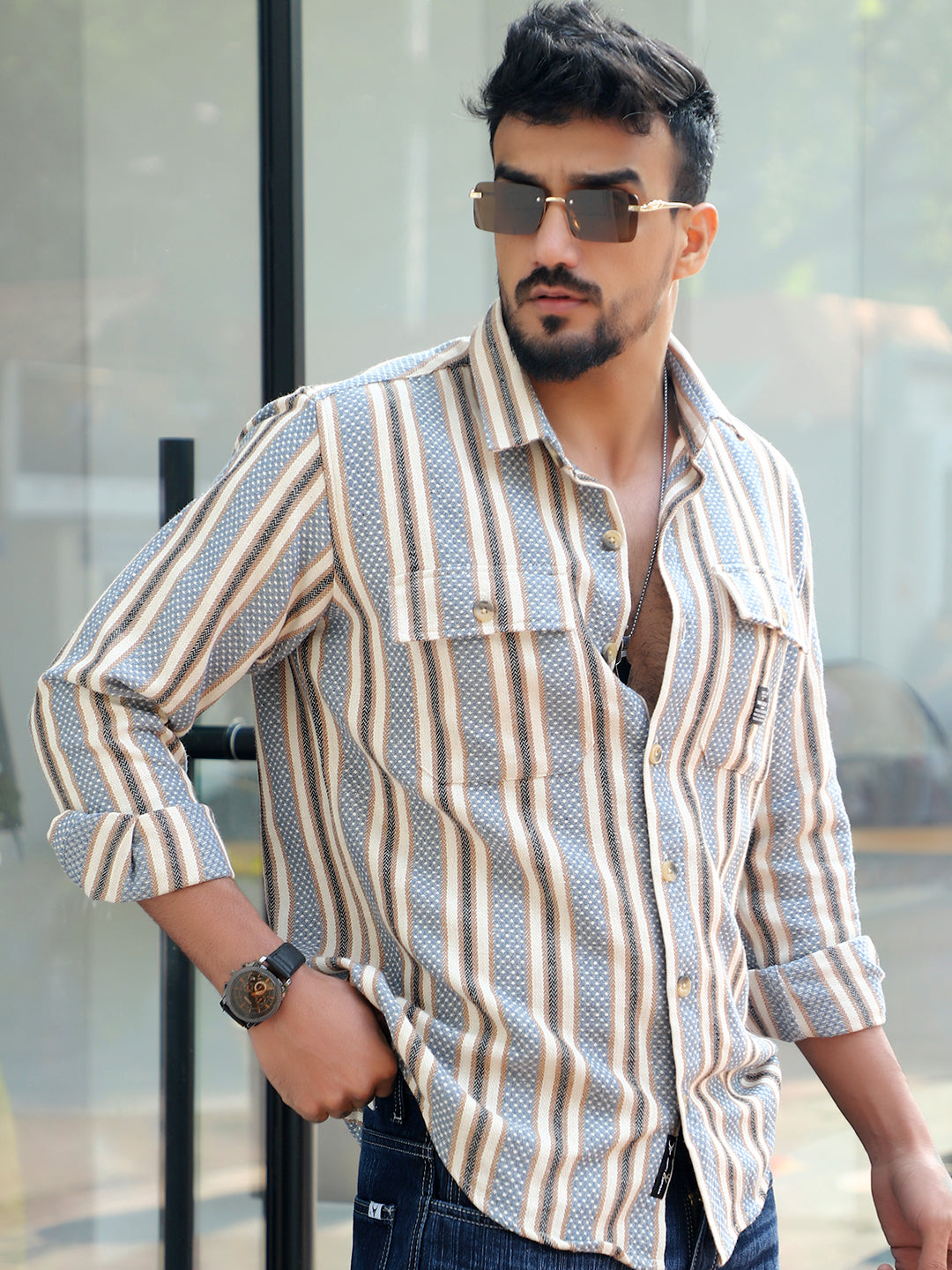 Santorini Beige Stripe Full Sleeve Shirt