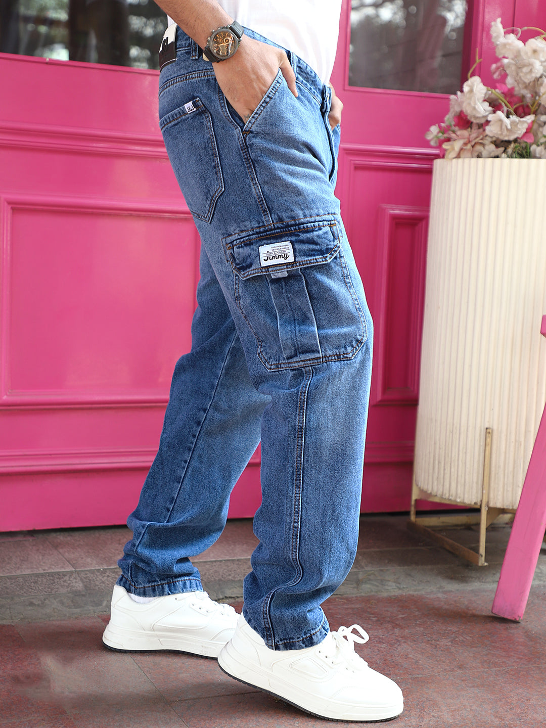 Vireon Azure Blue Baggy Fit Denim Cargo