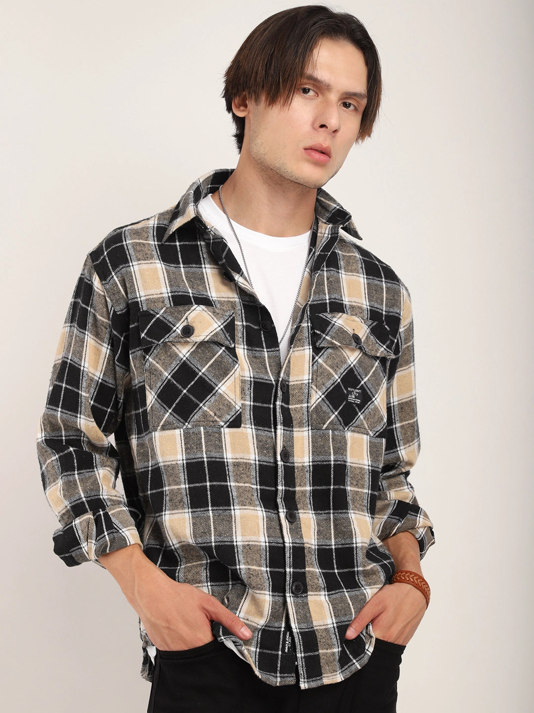 Fabric Falanel Check Beige Full Sleeve Shirt