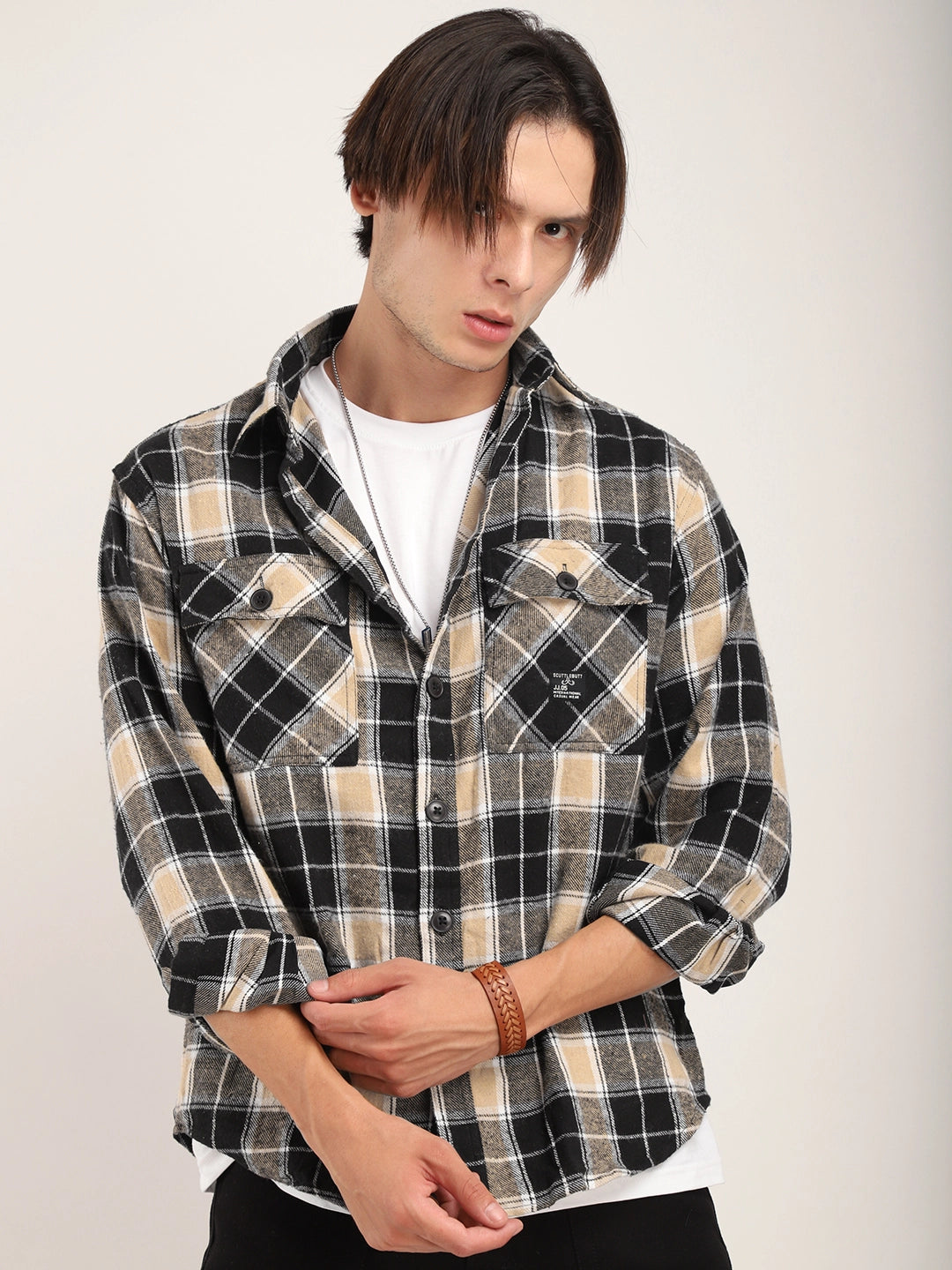 Fabric Falanel Check Beige Full Sleeve Shirt