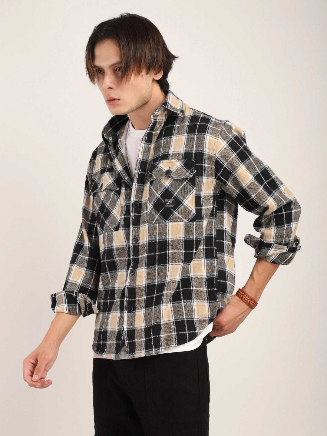 Fabric Falanel Check Beige Full Sleeve Shirt