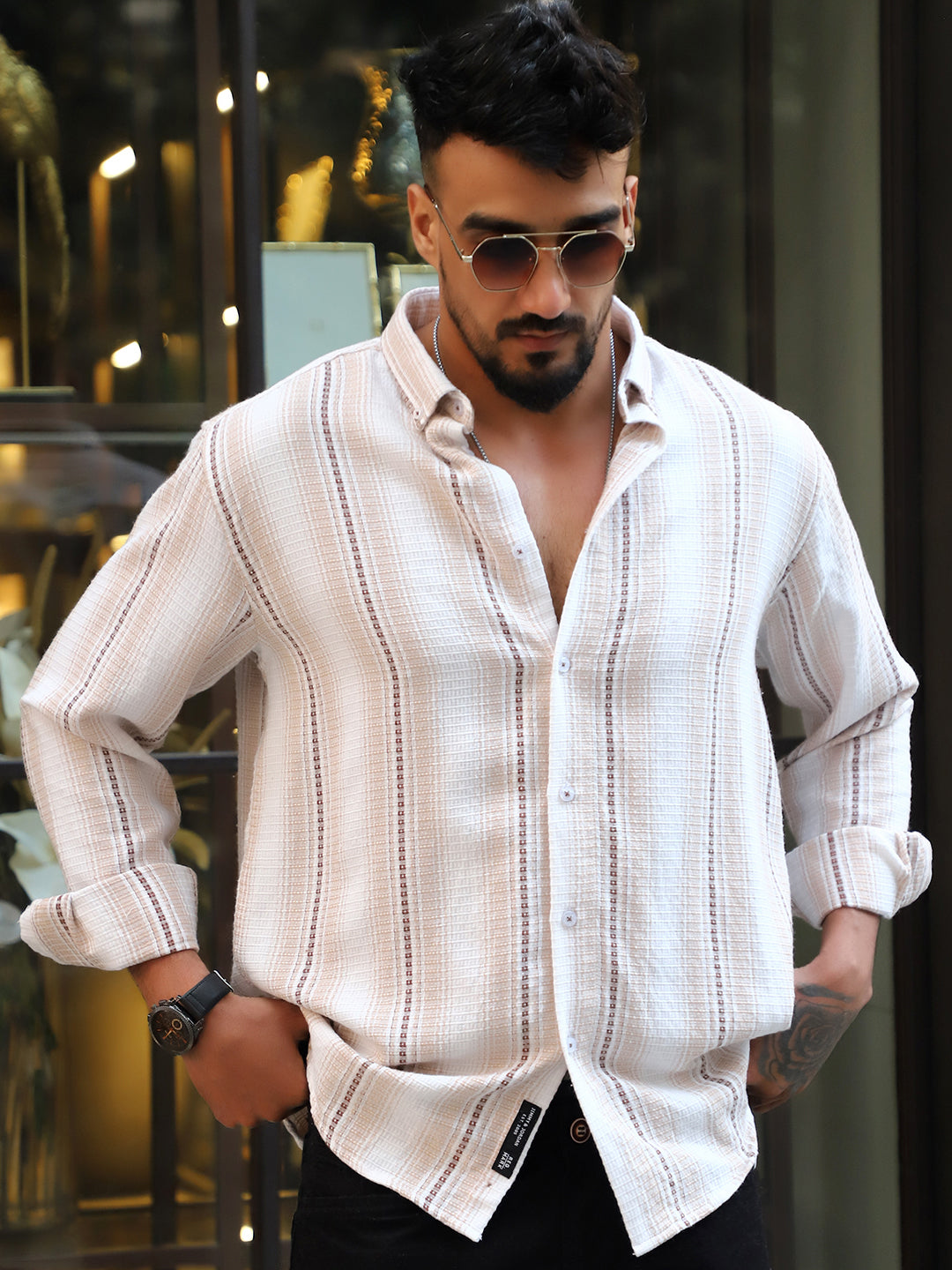 Sable Tone Beige  Stripe Full Sleeve Shirt