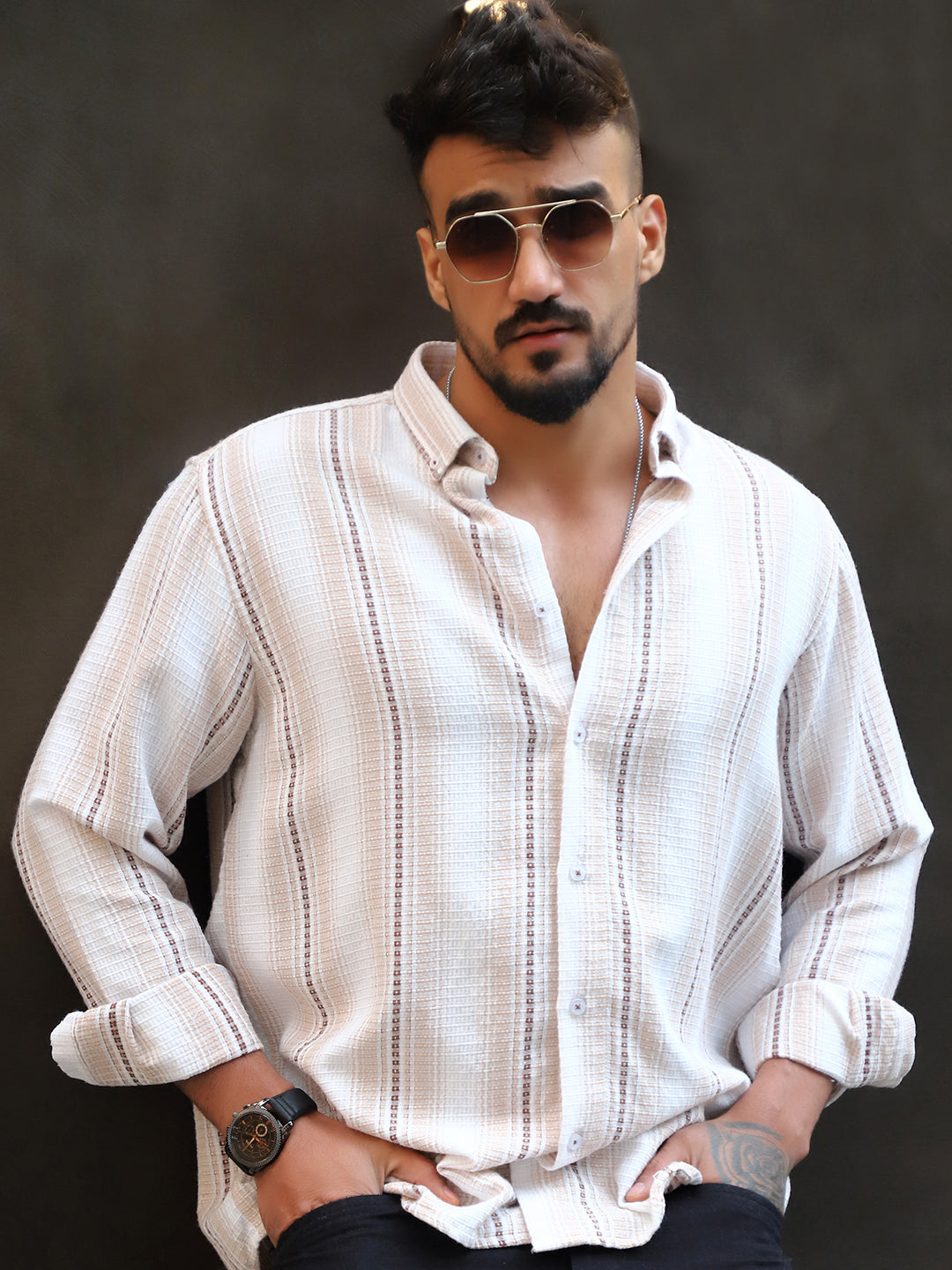 Sable Tone Beige  Stripe Full Sleeve Shirt