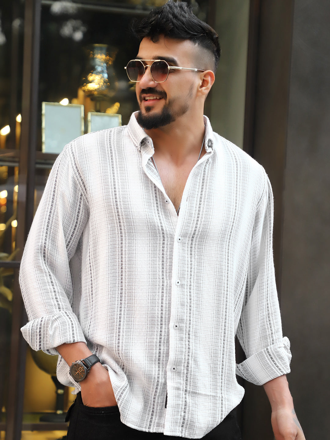 Sable Tone Light Grey Stripe Full Sleeve Shirt