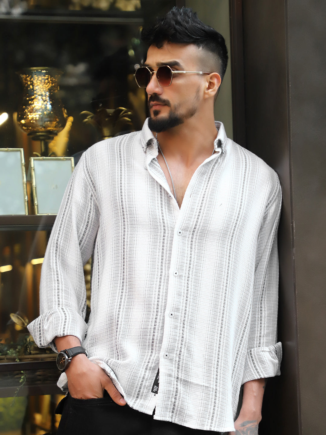 Sable Tone Light Grey Stripe Full Sleeve Shirt