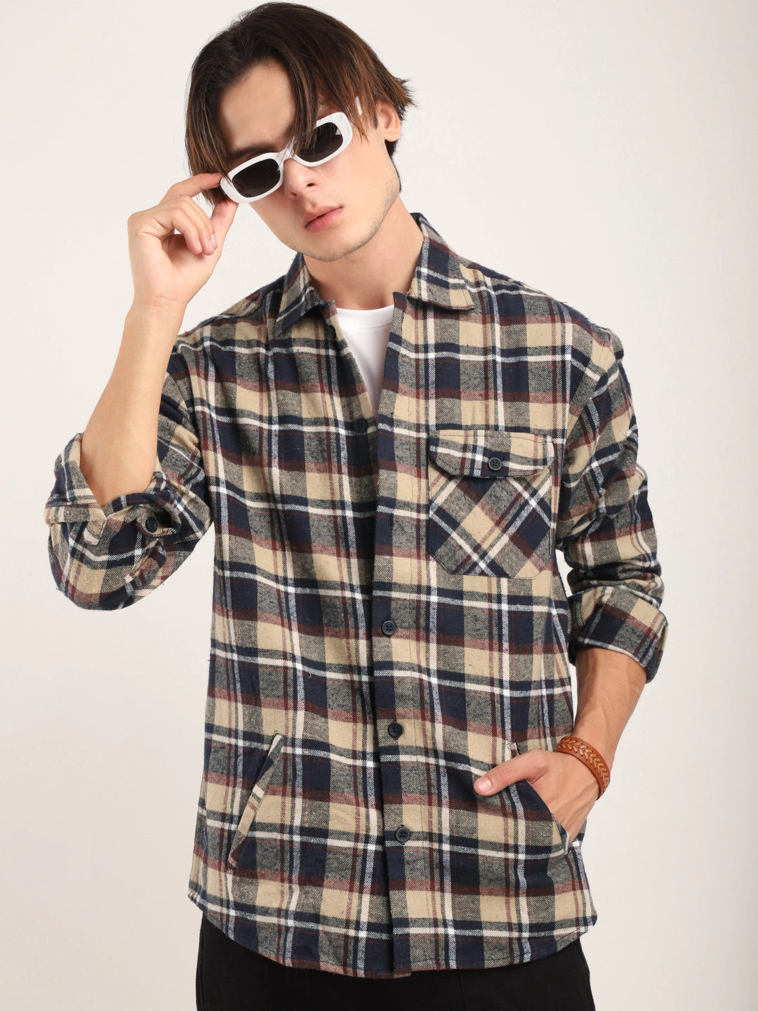 Falanel Check Beige Full Sleeve Shirt