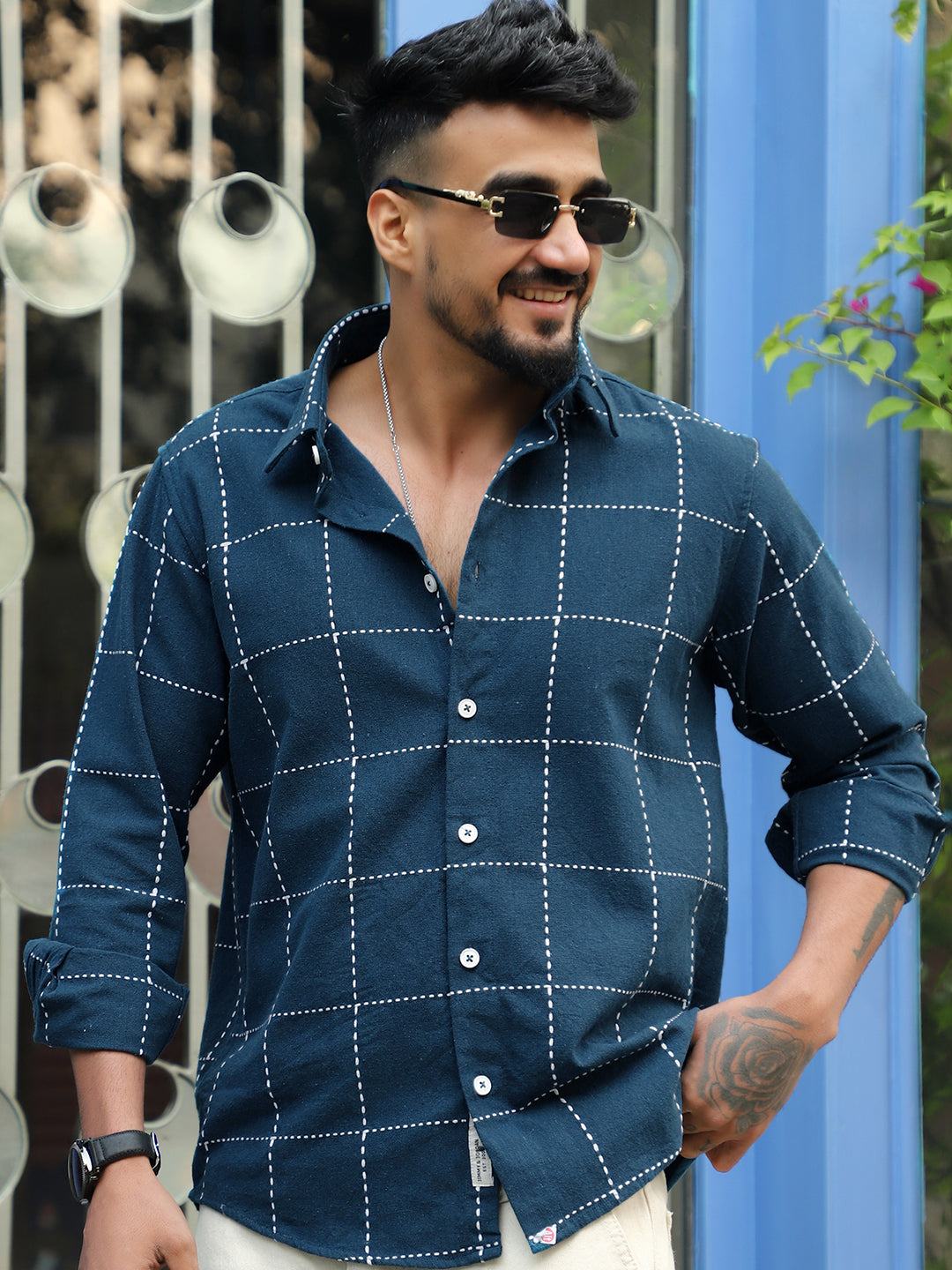 Skywave Teal Blue Check Full Sleeve Shirt