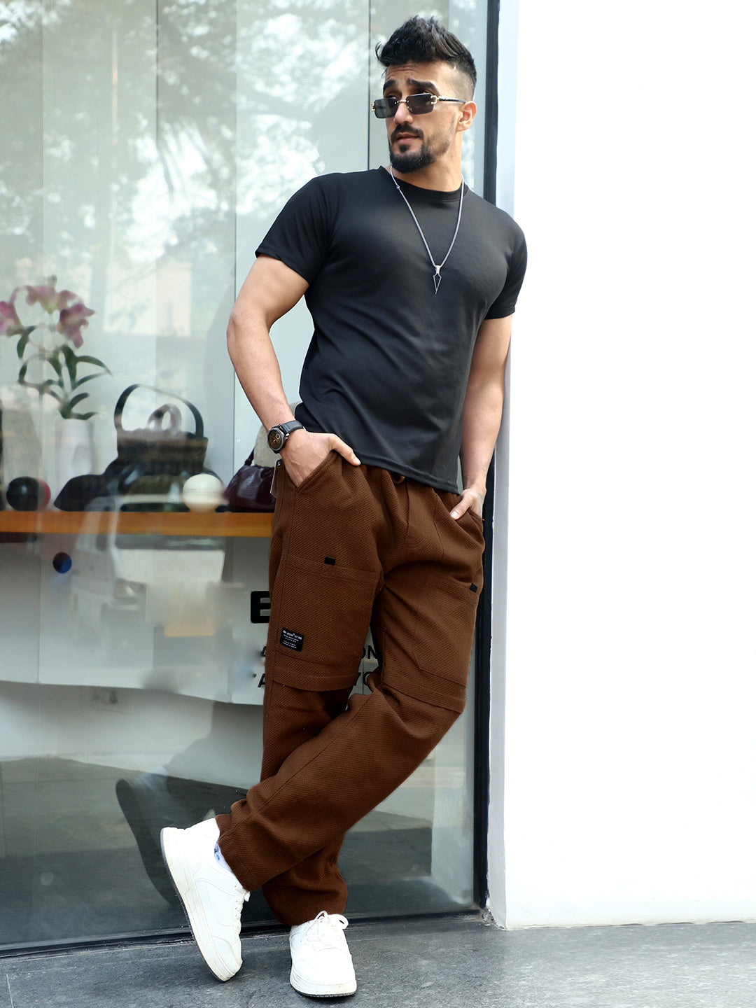 Snowhawk Brown Textured Cargo Pants – Rugged & Stylish Utility Wear