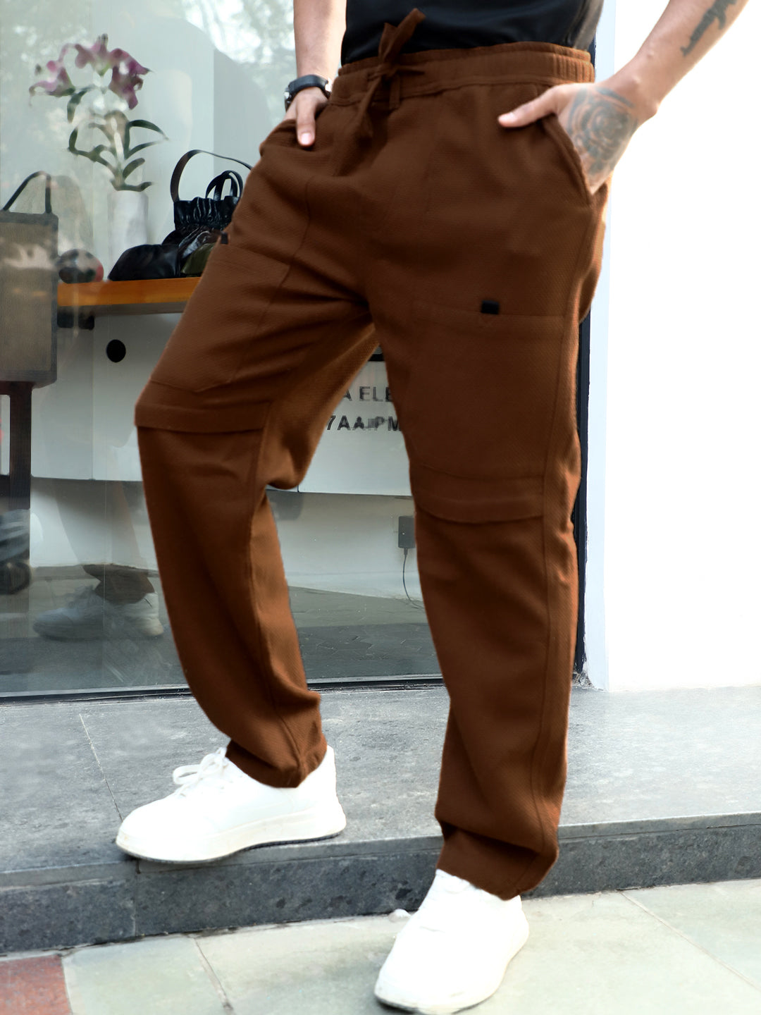 Snowhawk Brown Textured Cargo Pants – Rugged & Stylish Utility Wear