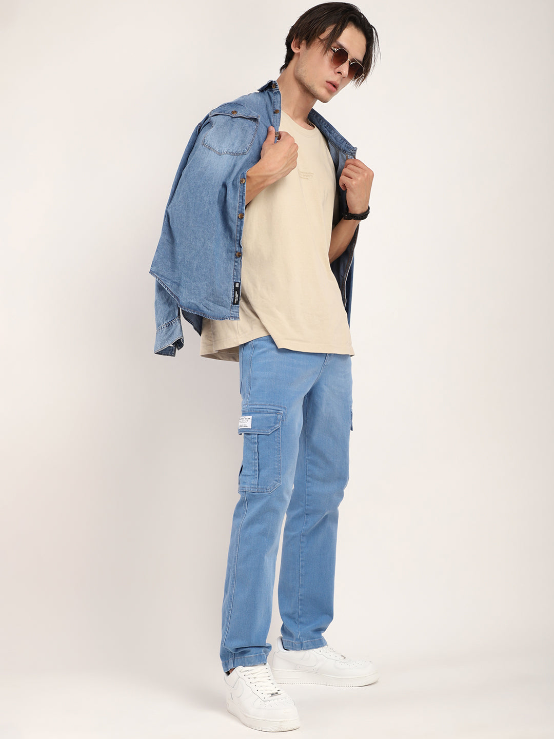 Leo Blue Baggy Fit Denim Cargo