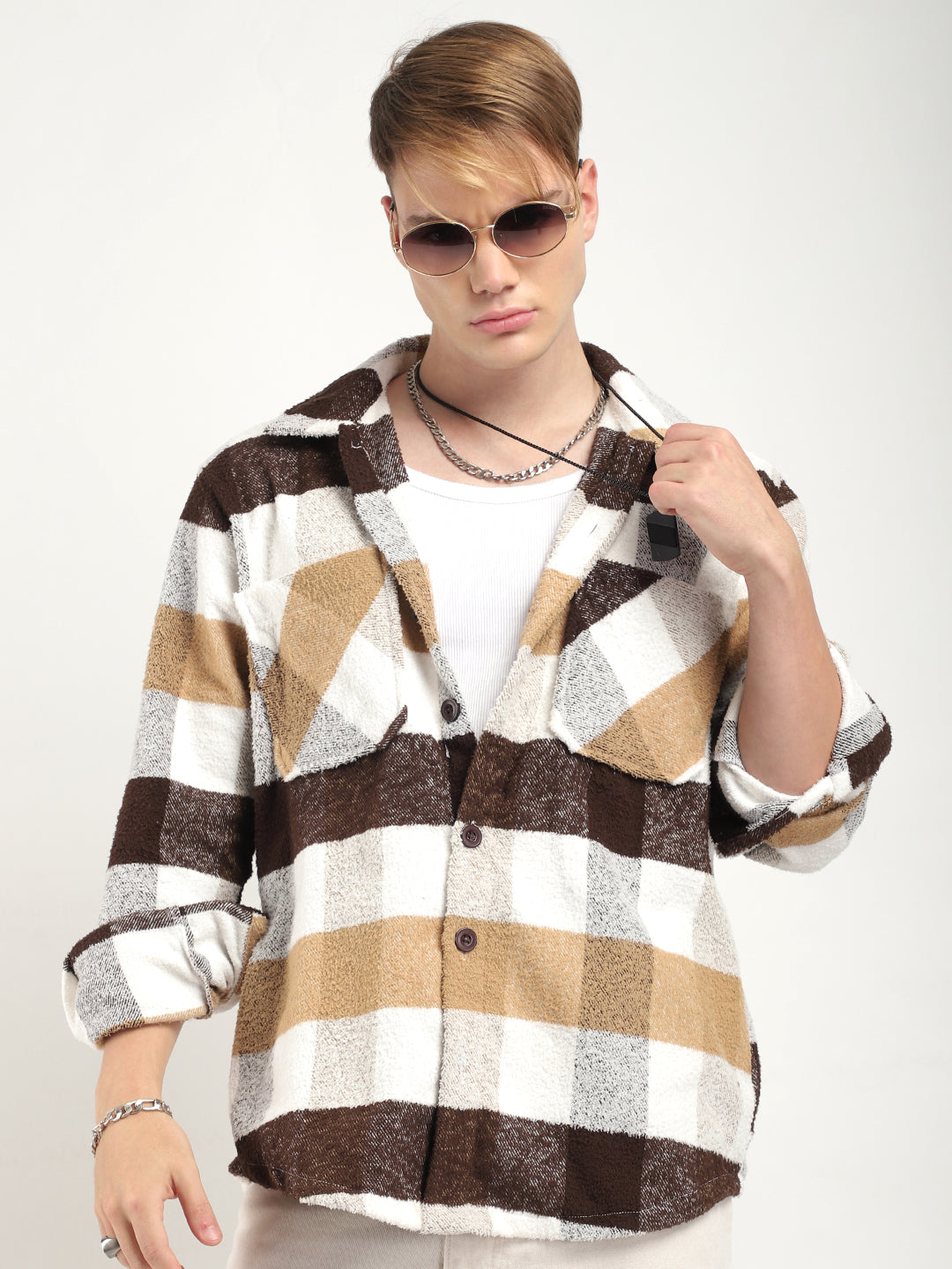 Pure Wool Chocolate Towel Knitted Check Shacket