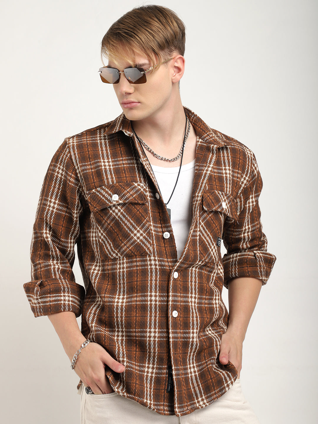 Street Wear Brown & Off White Check Full Sleeve Shirt