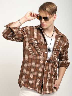 Street Wear Brown & Off White Check Full Sleeve Shirt