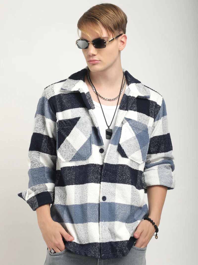 Pure Wool Slate Towel Knitted Check Shacket