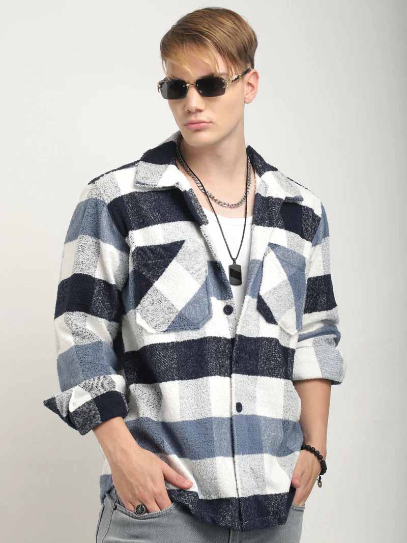 Pure Wool Slate Towel Knitted Check Shacket