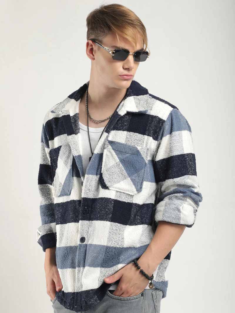 Pure Wool Slate Towel Knitted Check Shacket