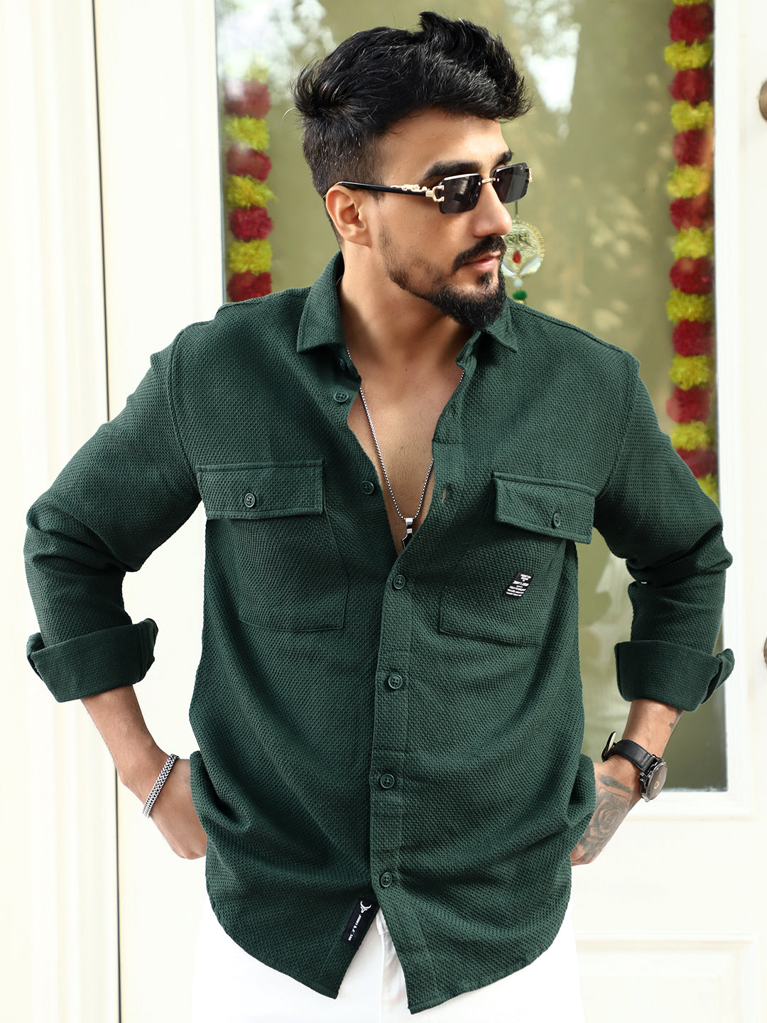 Tuscan Dark Green Texture Full Sleeve Shirt