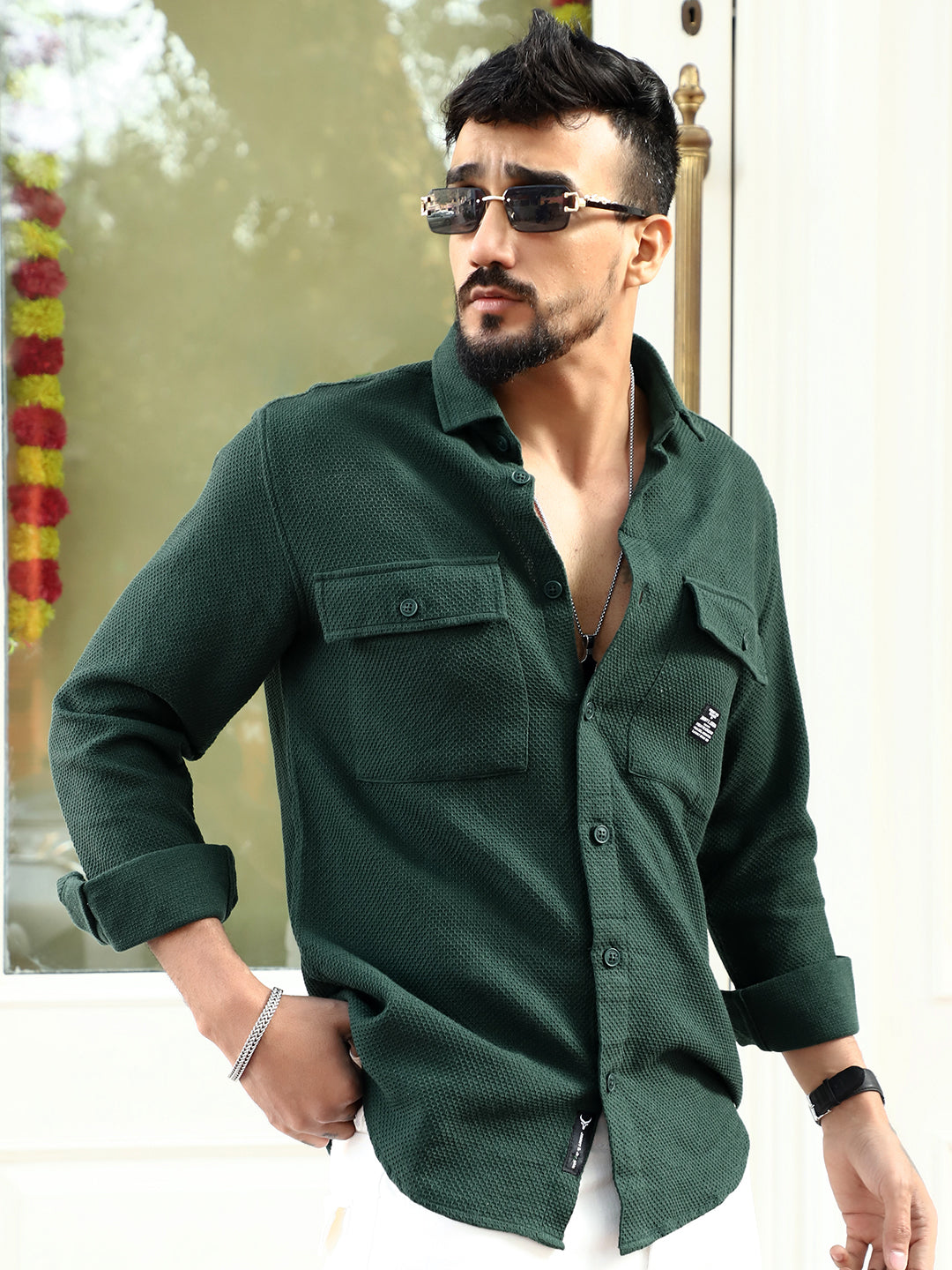 Tuscan Dark Green Texture Full Sleeve Shirt