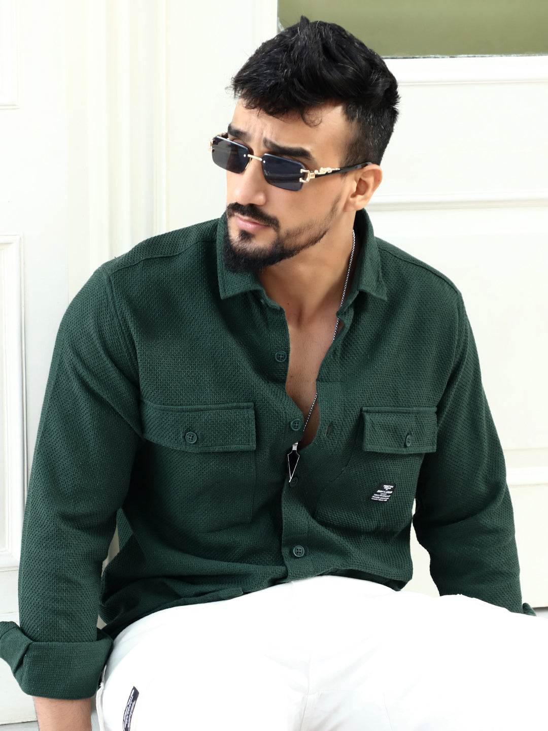 Tuscan Dark Green Texture Full Sleeve Shirt