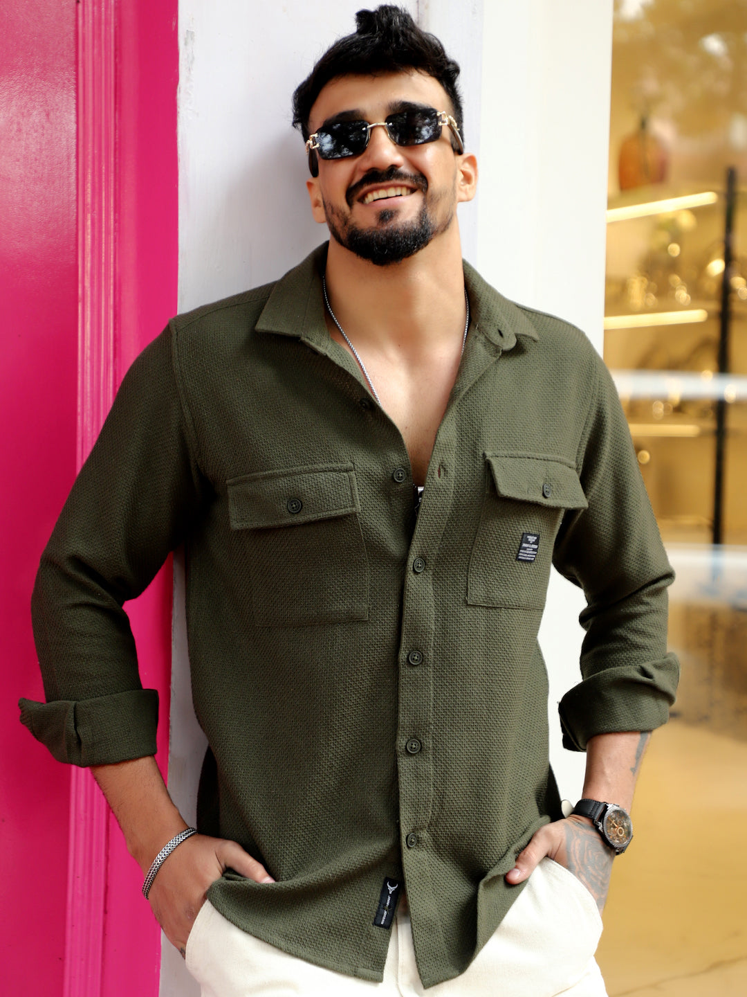 Tuscan Olive Texture Full Sleeve Shirt