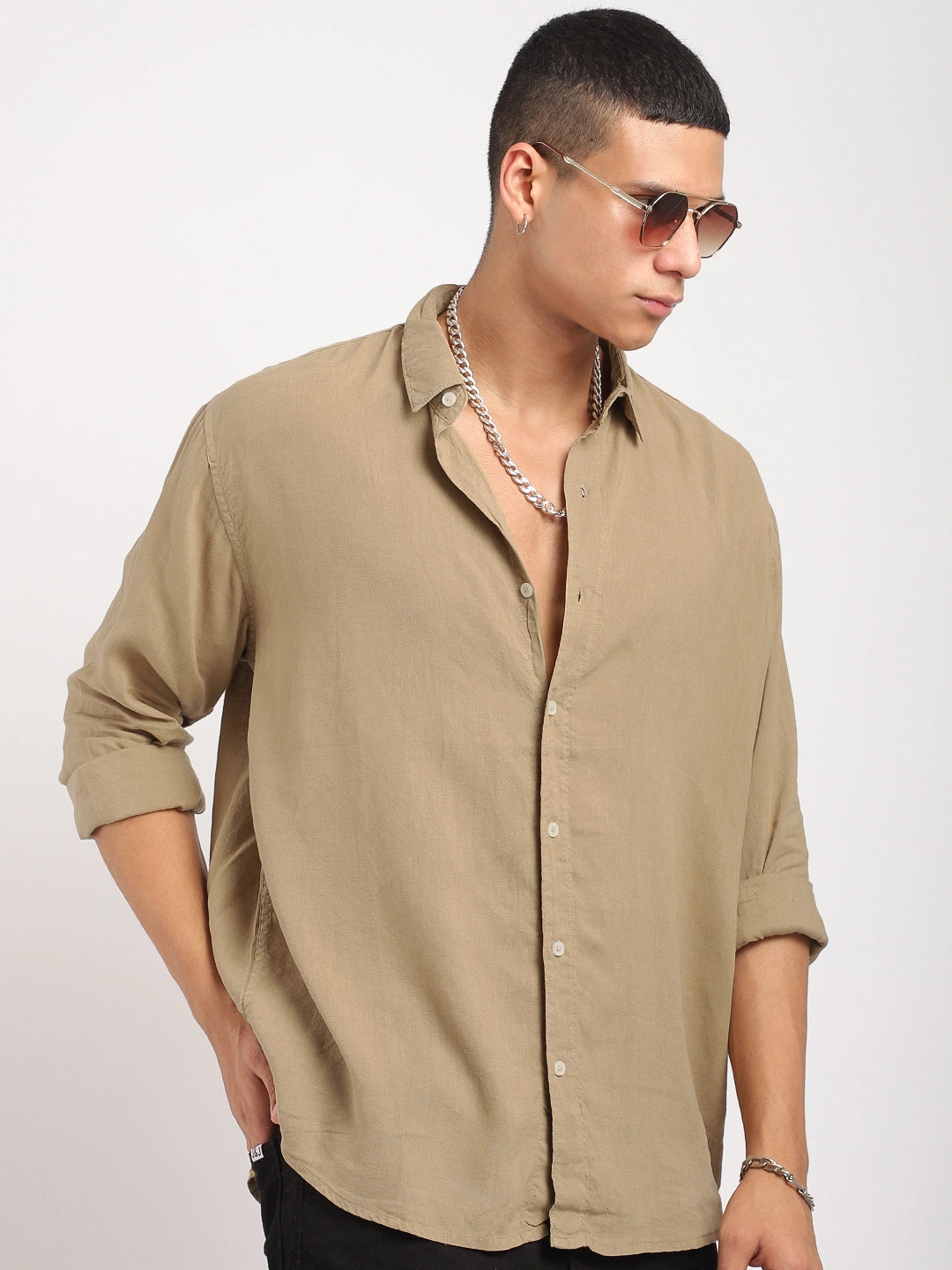 Luxe Lineage Organic Linen Khaki Full Sleeve Shirt