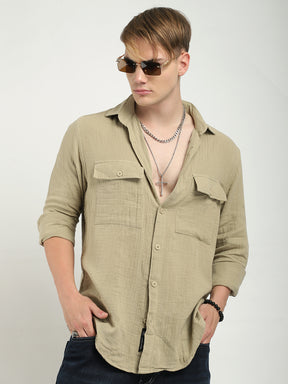 Eton Drift Double Clothe Khaki Full Sleeve Shirt