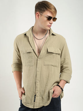 Eton Drift Double Clothe Khaki Full Sleeve Shirt