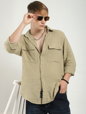 Eton Drift Double Clothe Khaki Full Sleeve Shirt