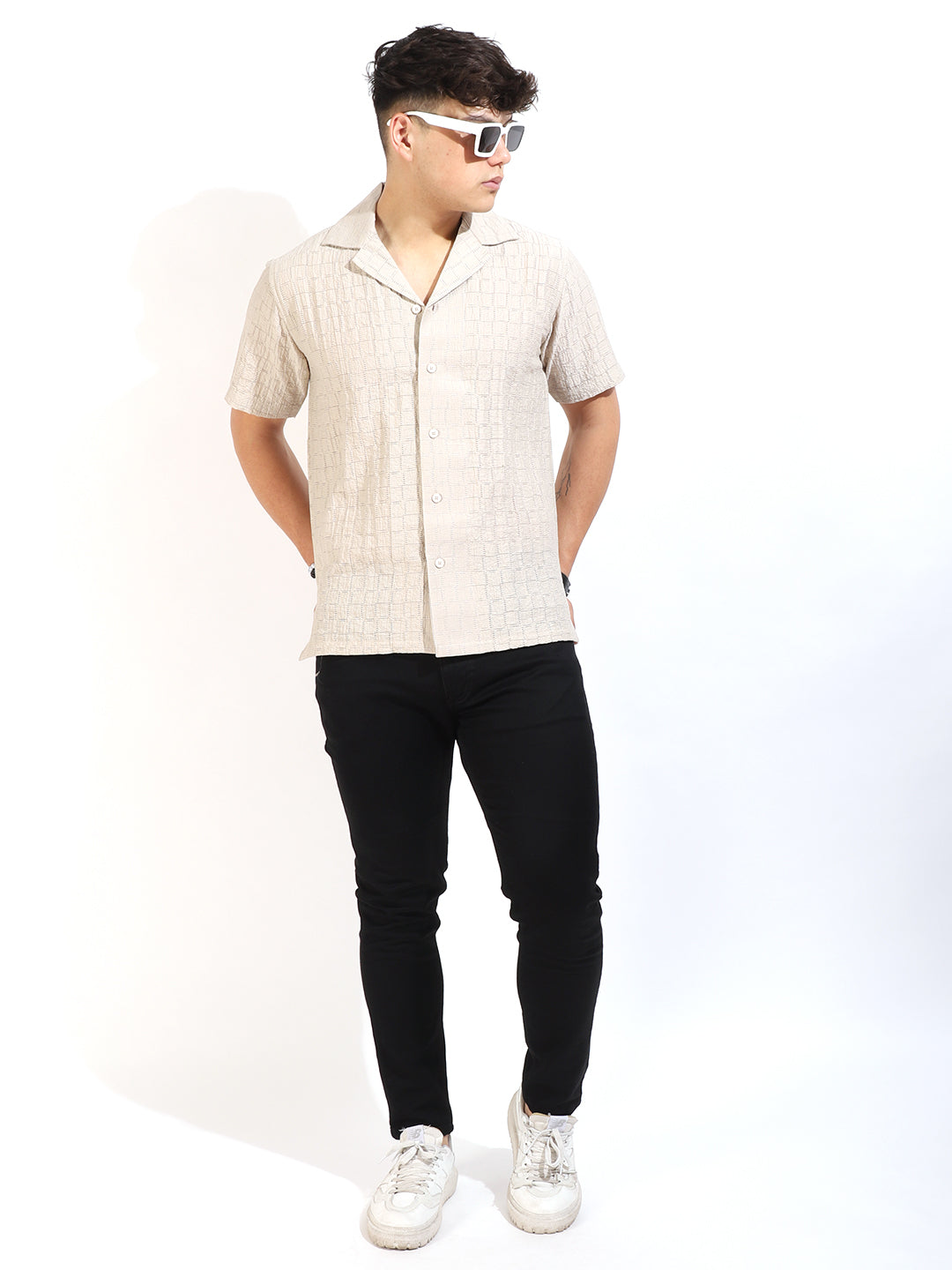 Crotchet Beige Half Sleeve Shirt