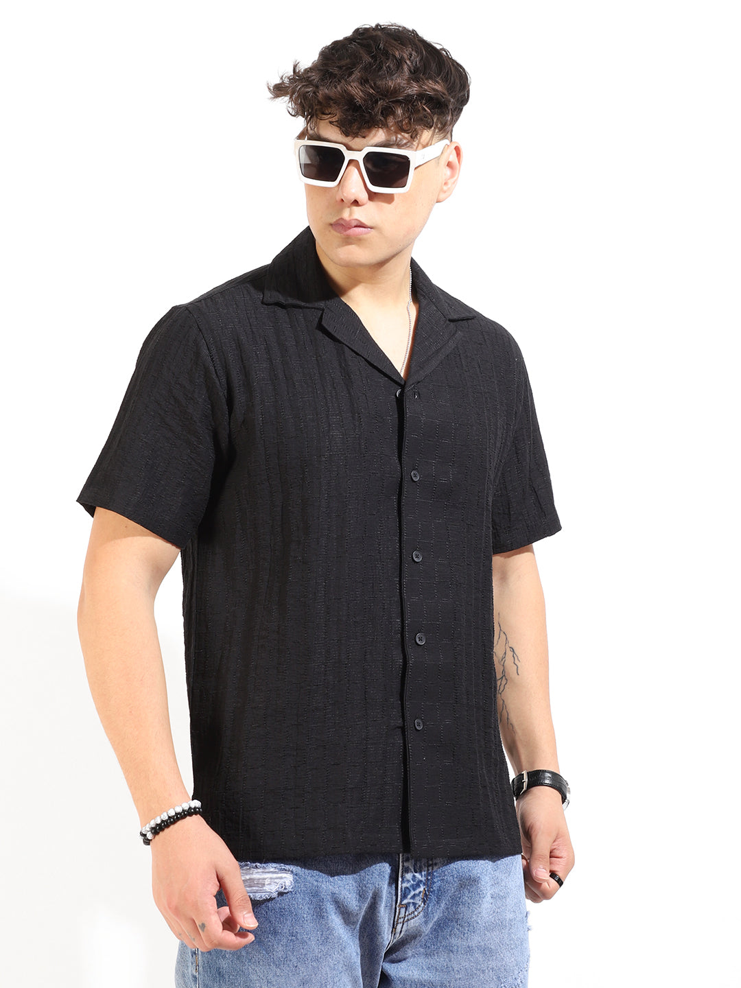 Crotchet Black Half Sleeve Shirt