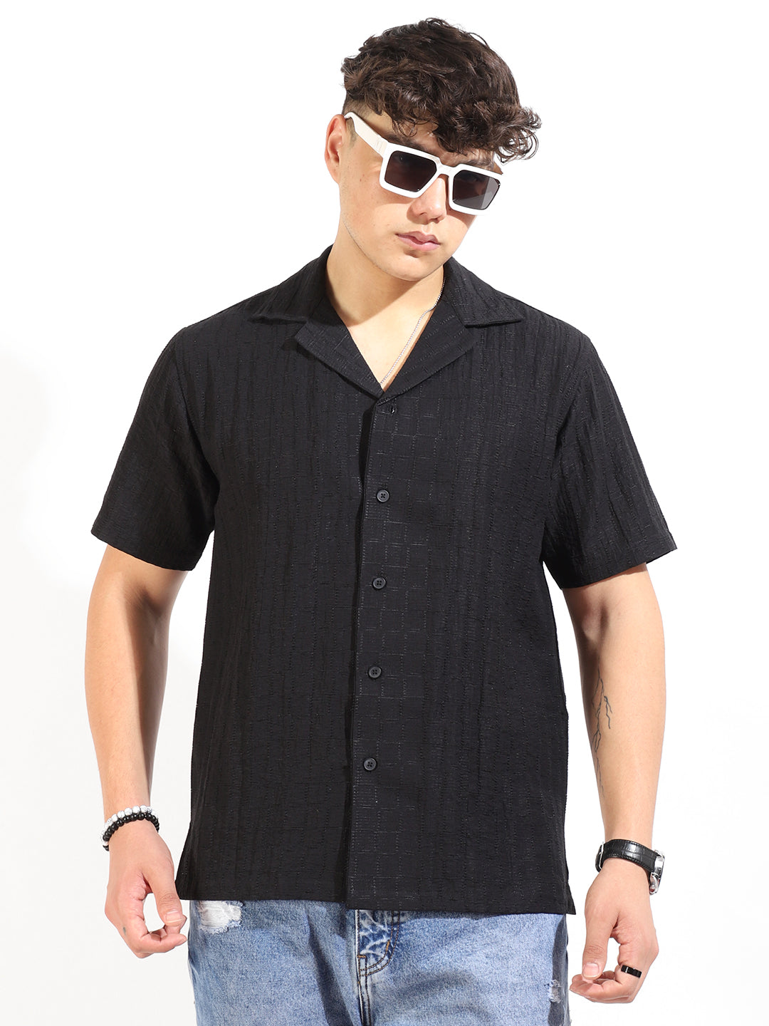 Crotchet Black Half Sleeve Shirt