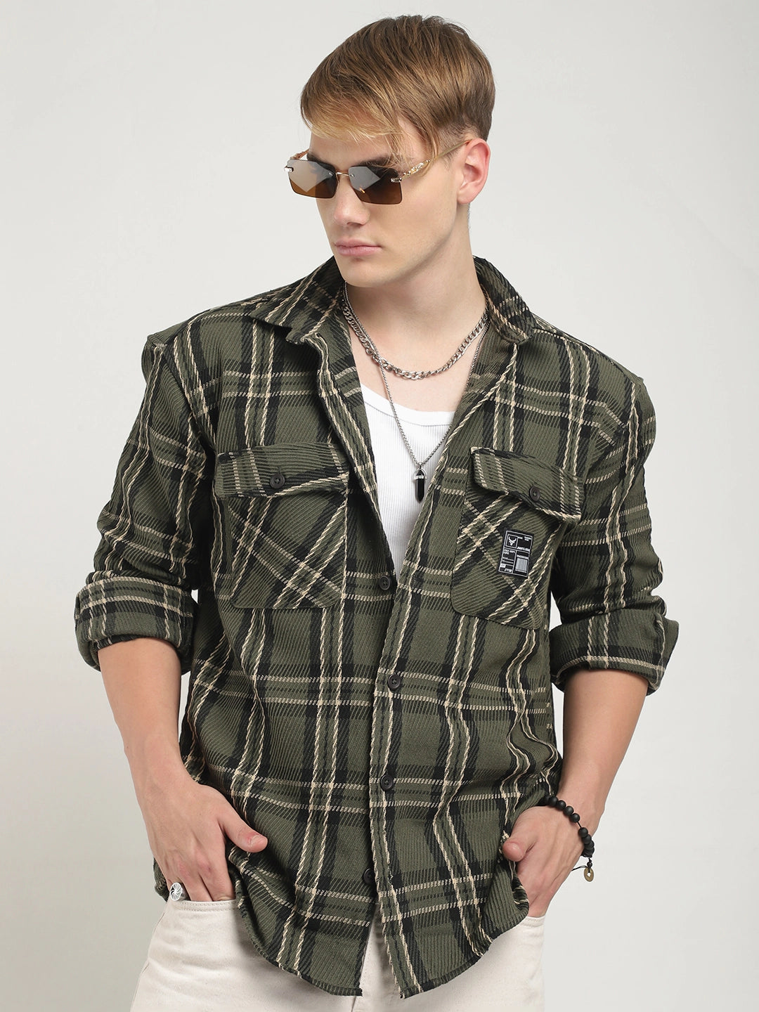 Olive Check Shirt Men