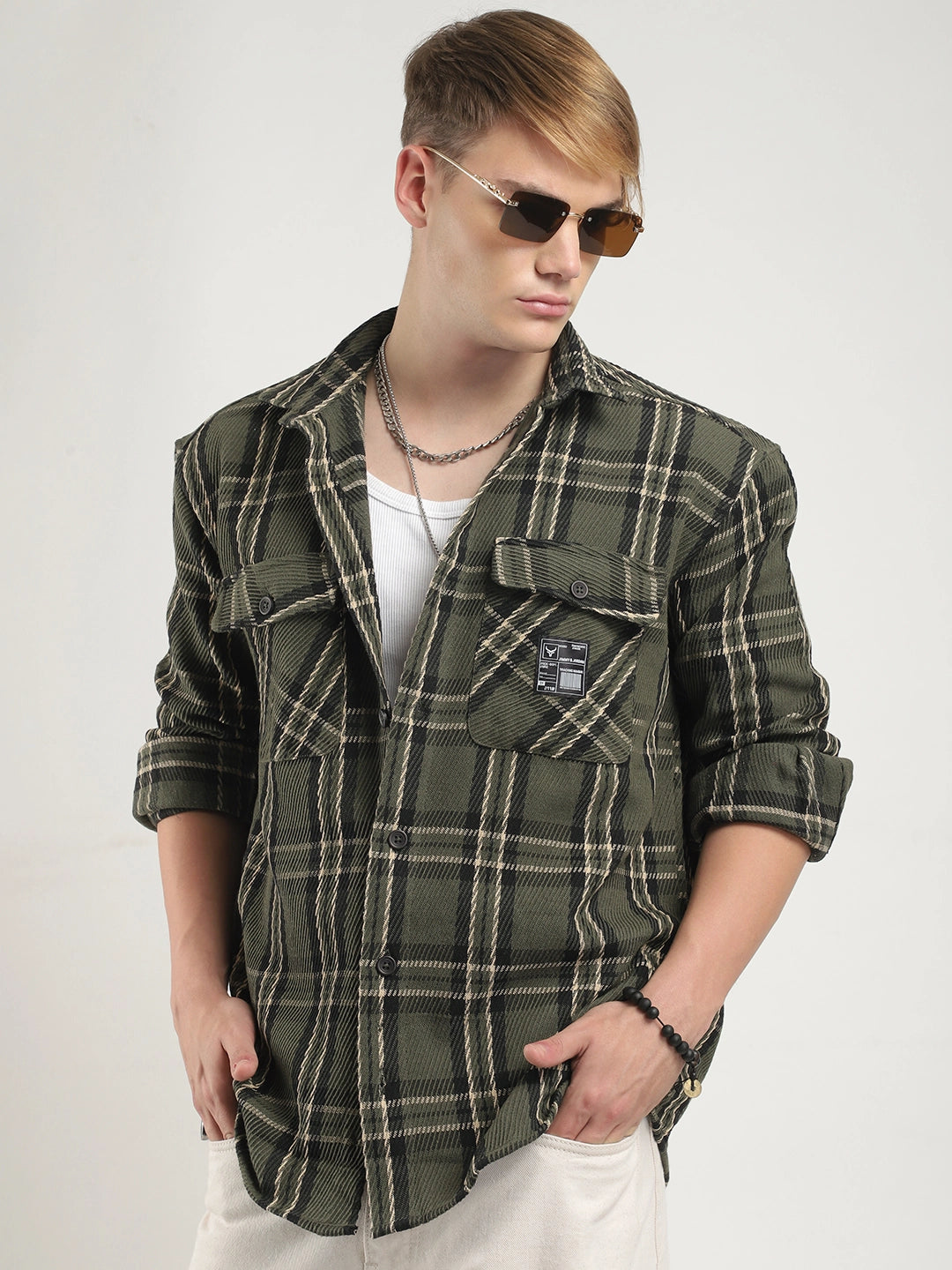 Olive Check Shirt Men