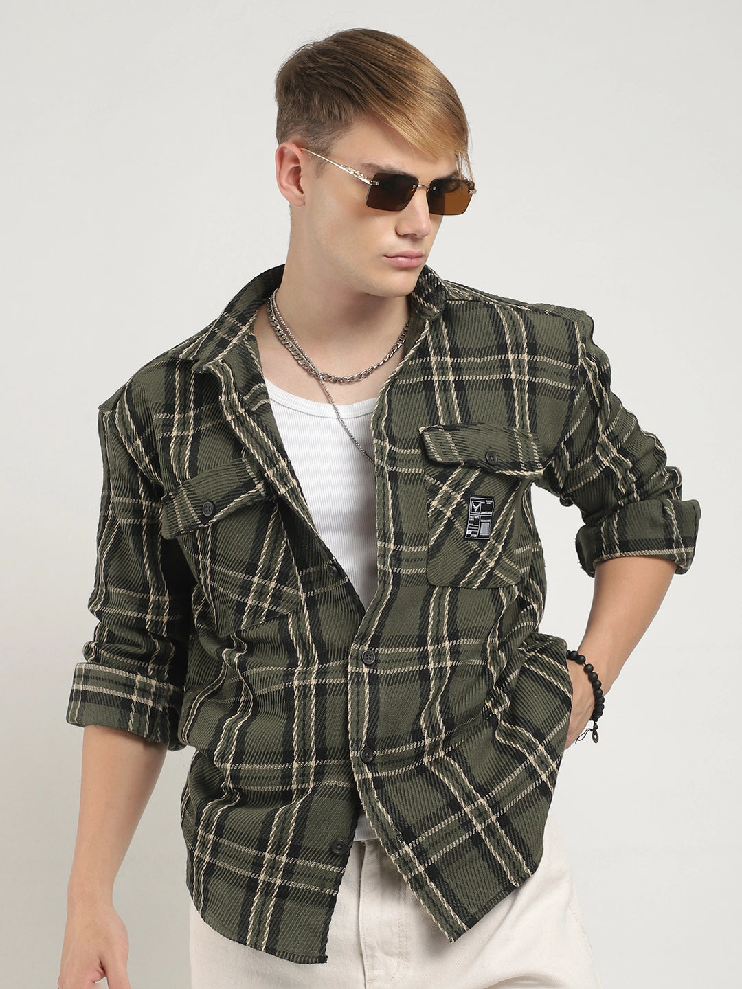 Olive Check Shirt Men