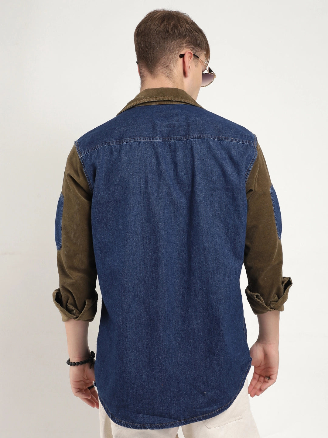 Luxe Fit Navy Washed Denim Corduroy Full Sleeve Shirt