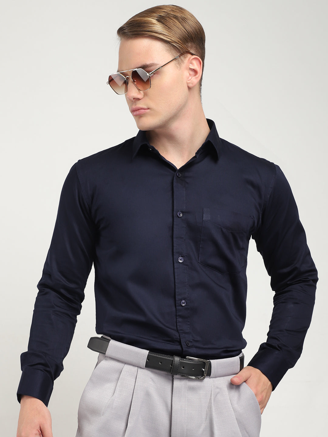 Streetwise Navy Satin Plain Shirt