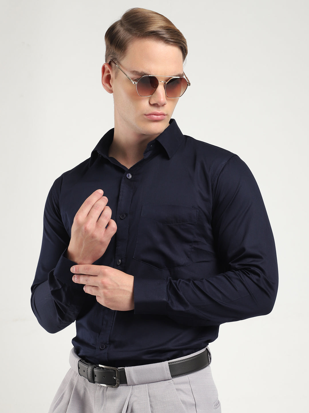 Streetwise Navy Satin Plain Shirt