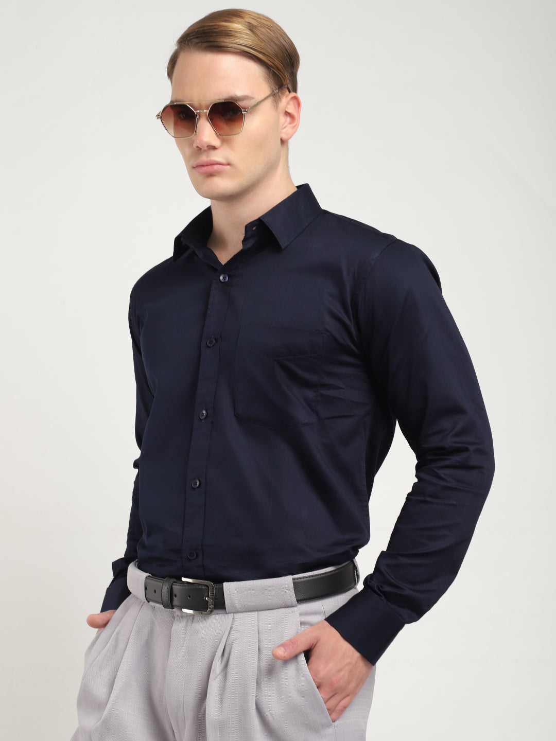 Streetwise Navy Satin Plain Shirt