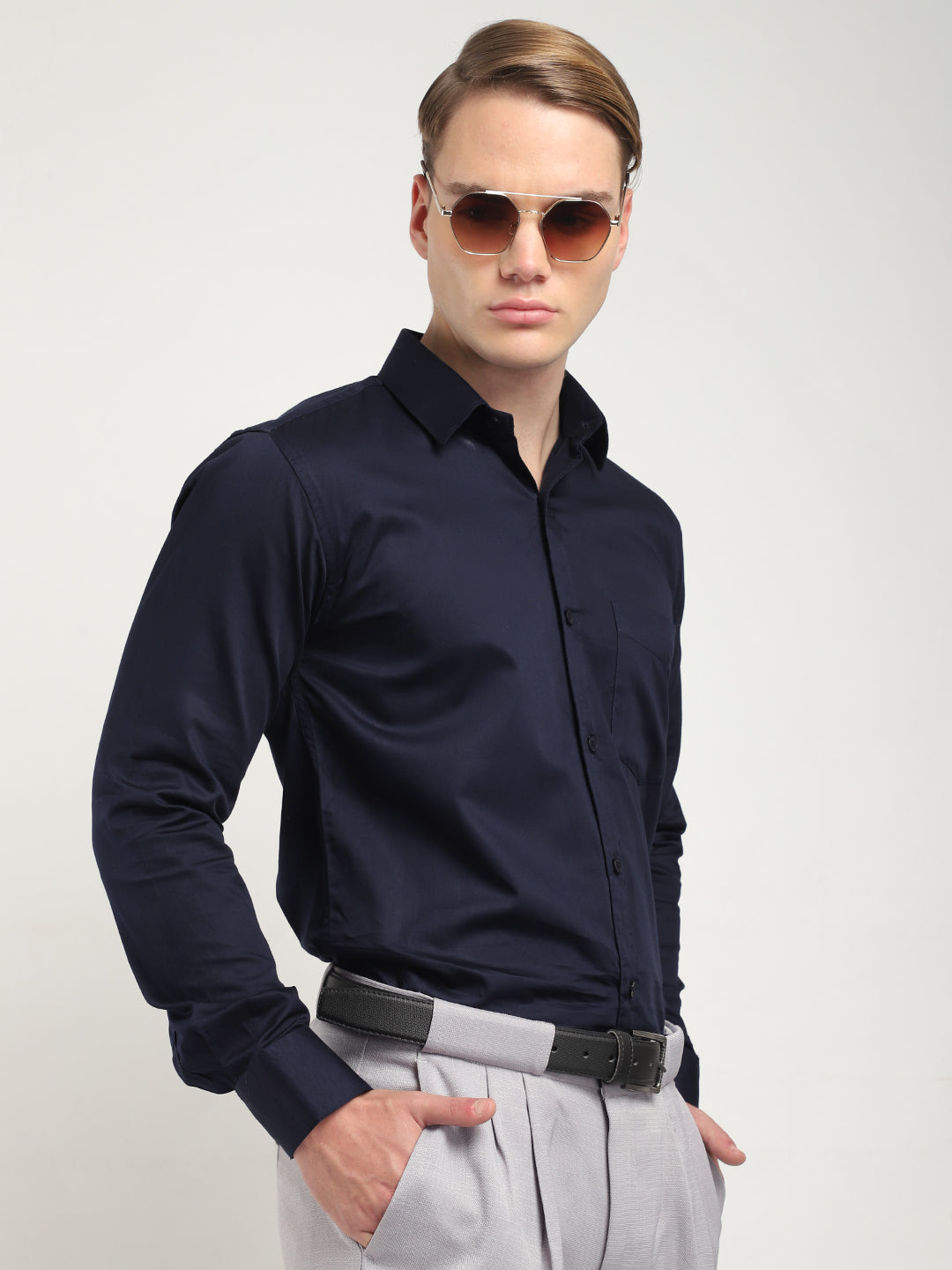 Streetwise Navy Satin Plain Shirt