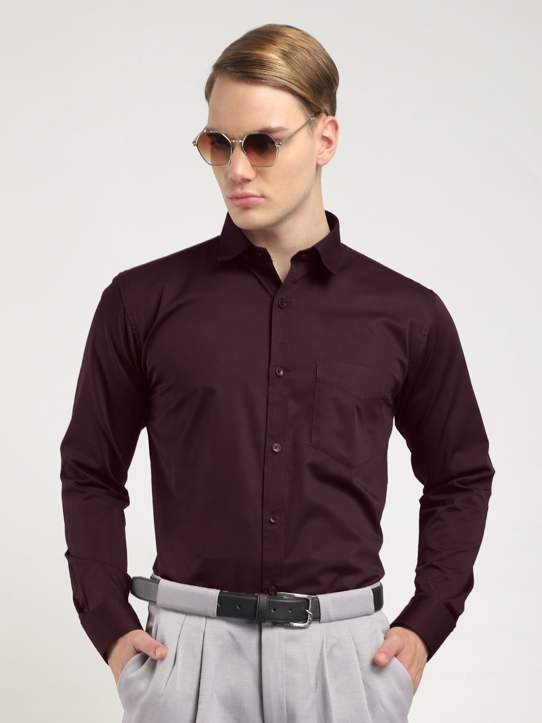 Streetwise Wine Satin Plain Shirt