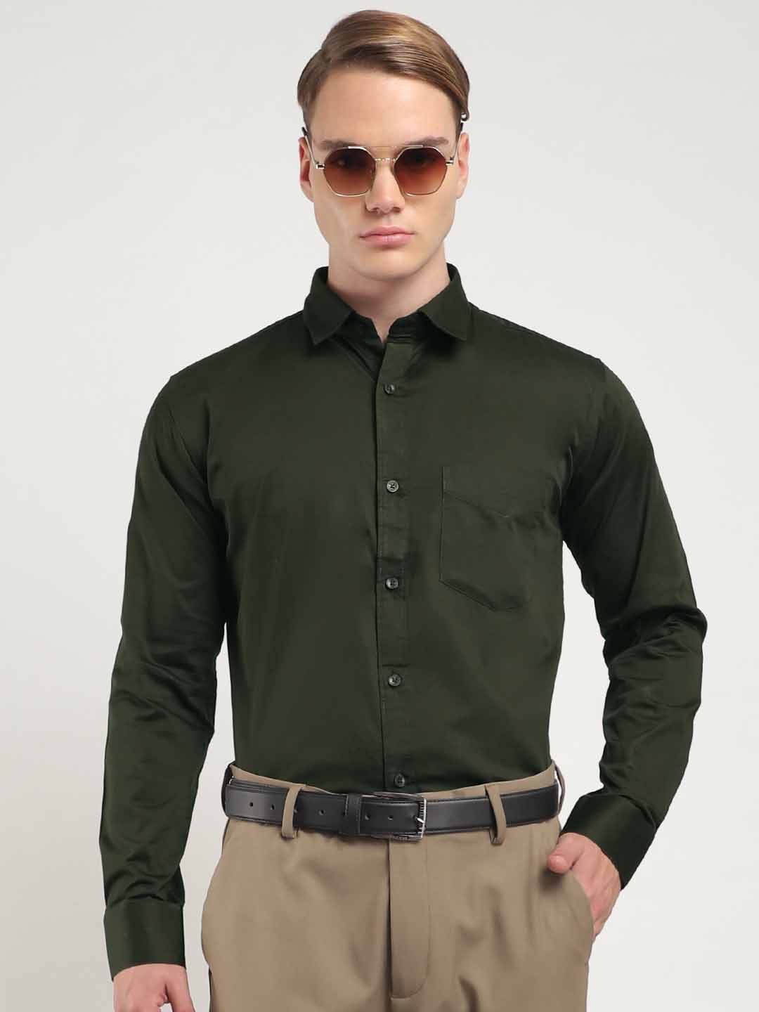 Olive Satin Plain Shirt