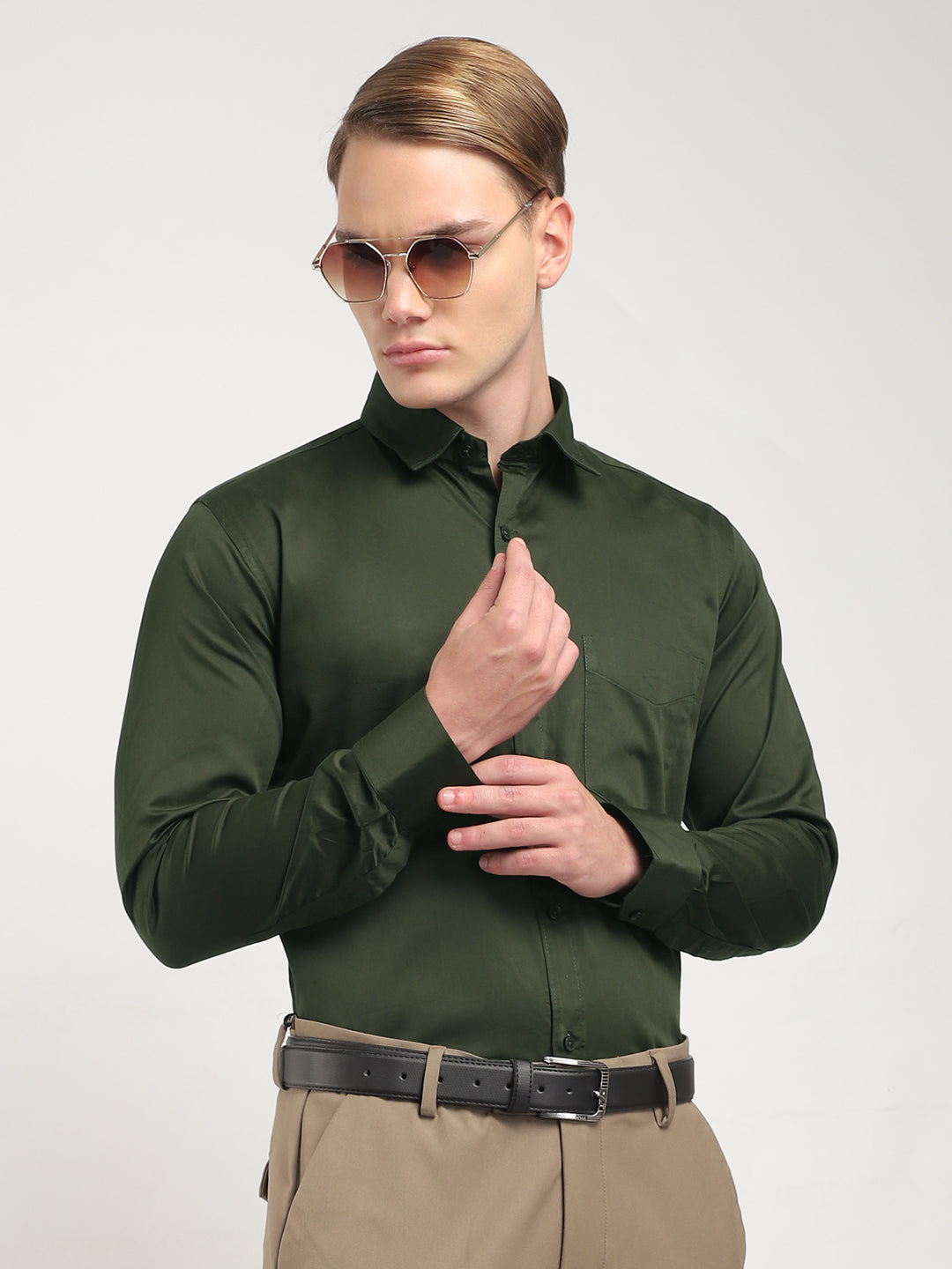 Streetwise Dark Green Satin Plain Shirt