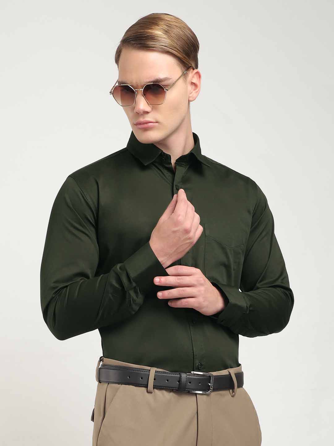 Olive Satin Plain Shirt