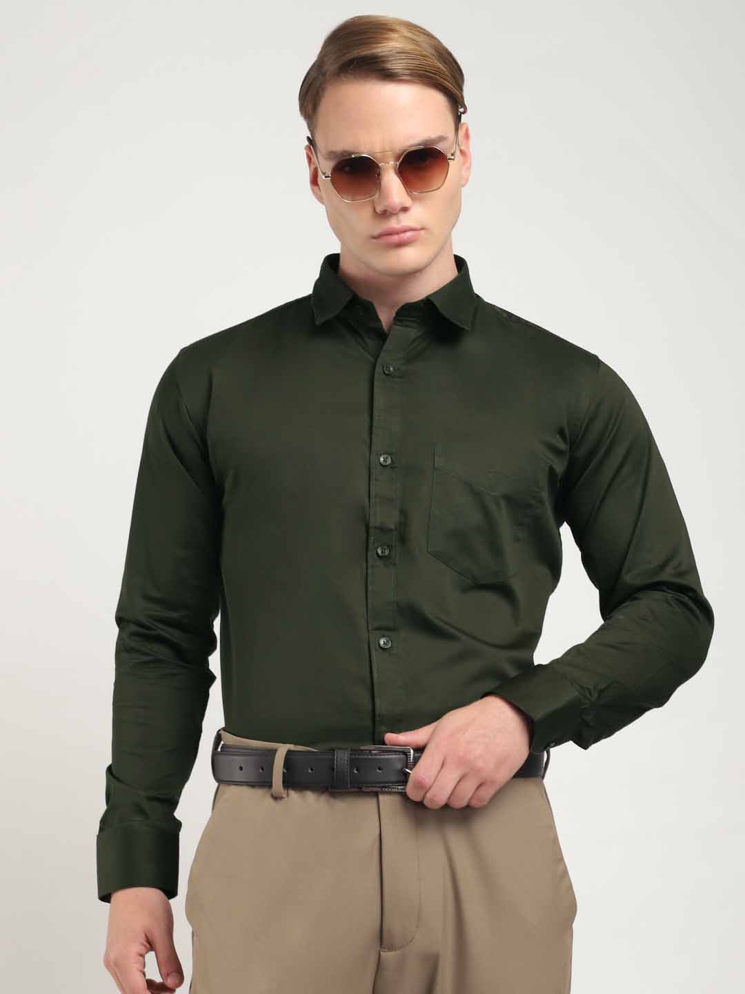 Streetwise Olive Satin Plain Shirt