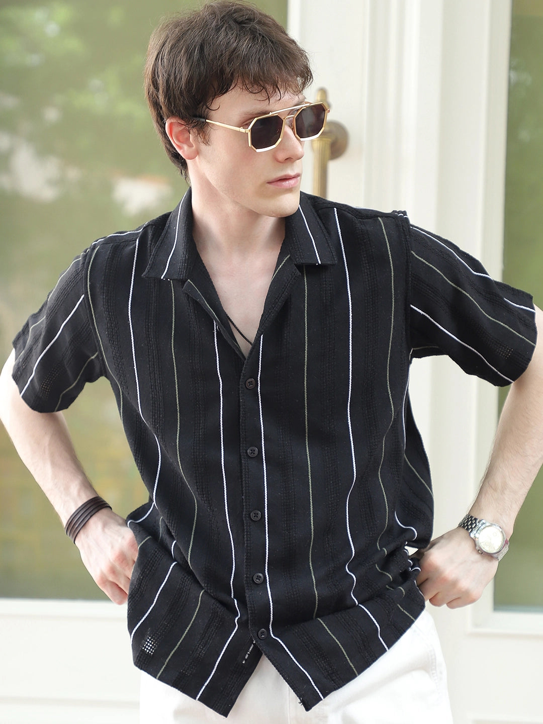 Offbeat Linen Black Half Sleeve Stripe Shirt